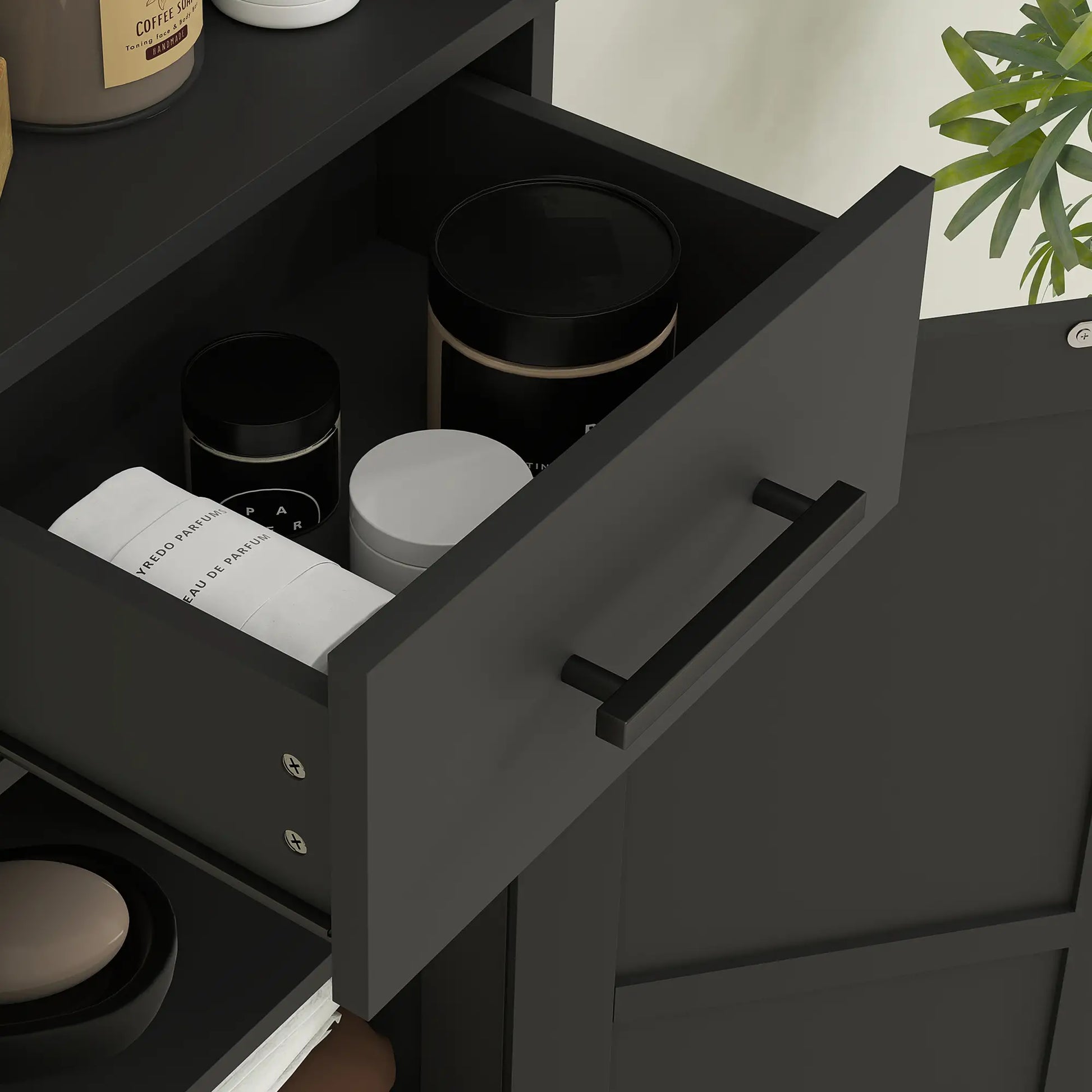 67" Tall Bathroom Cabinet, Narrow Storage with Drawer, Barn Doors, Adjustable Shelves, Black Bathroom Cabinets at Gallery Canada