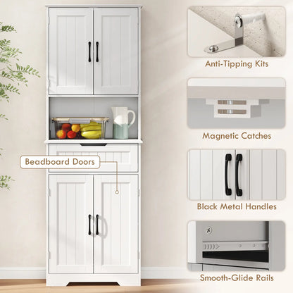 68" Tall Kitchen Buffet Hutch, 4 Doors, Drawer, Open Counter, White Kitchen Pantry Cabinets at Gallery Canada
