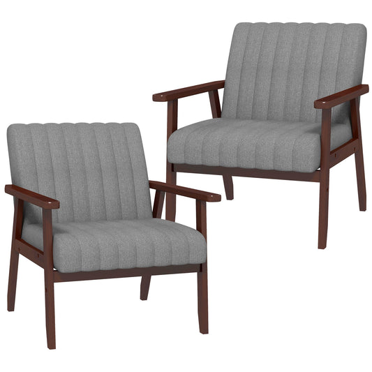 Set of 2 Accent Chairs, Modern Upholstered Armchairs for Living Room with Wooden Legs and Tufting Design, Grey - Gallery Canada