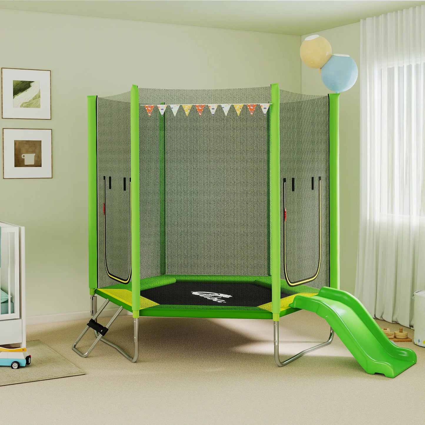 85" Trampoline With Safety Enclosure, Slide Ladder, Ages 3+, Green Trampolines at Gallery Canada