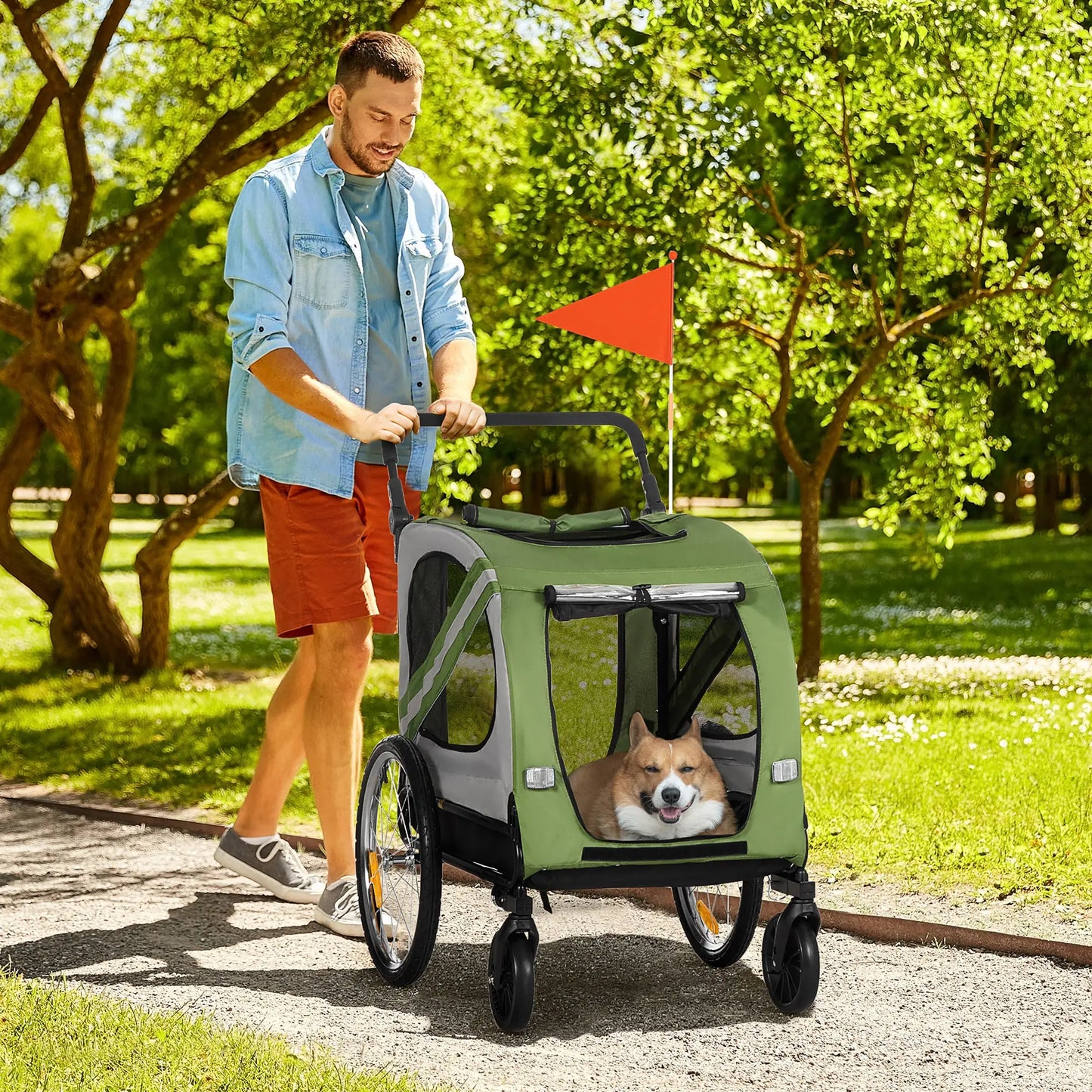 Dog Bike Trailer, 2-in-1 Pet Stroller, Universal Wheel Reflectors, Green Dog Bike Trailers & Strollers at Gallery Canada