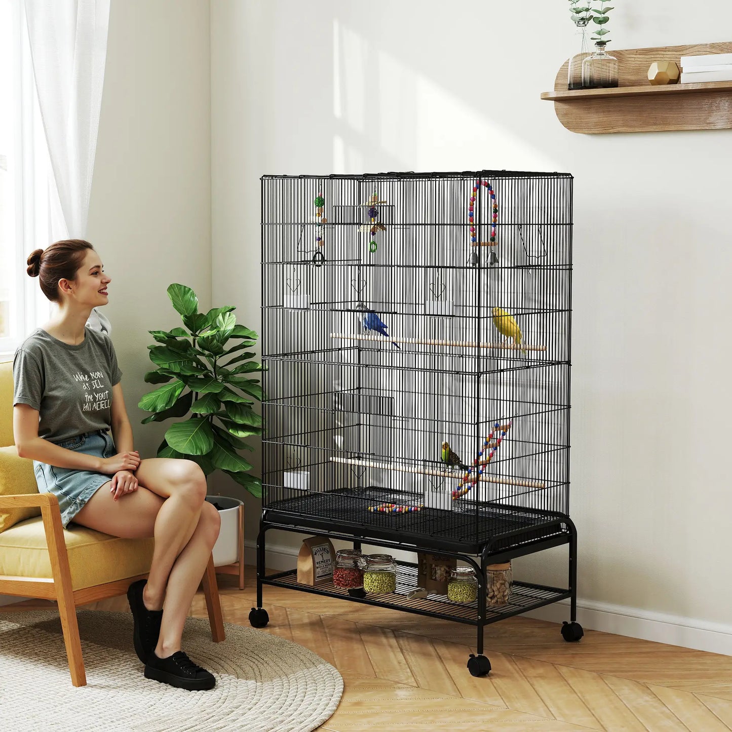 63" Bird Cage With Open Top, Stand, Toys, Removable Tray, Storage Shelf Bird Cages at Gallery Canada