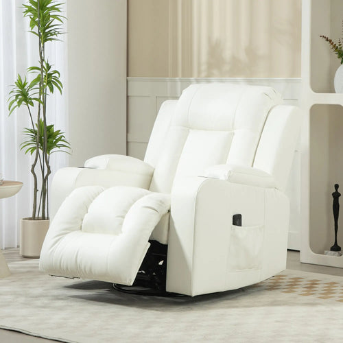Swivel Massage Recliner Chair, Manual Rocker, PU Leather, Cream White