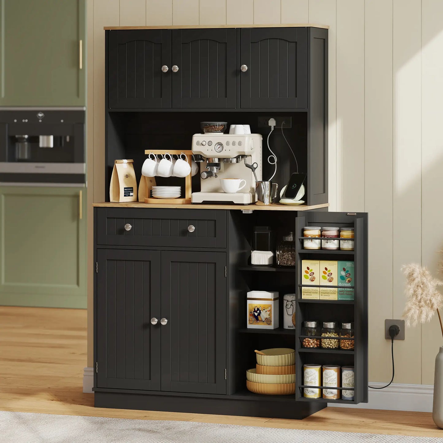 68" Pantry Cabinet with Charging Station, Microwave Stand, 4 Door Racks, Black Kitchen Pantry Cabinets at Gallery Canada