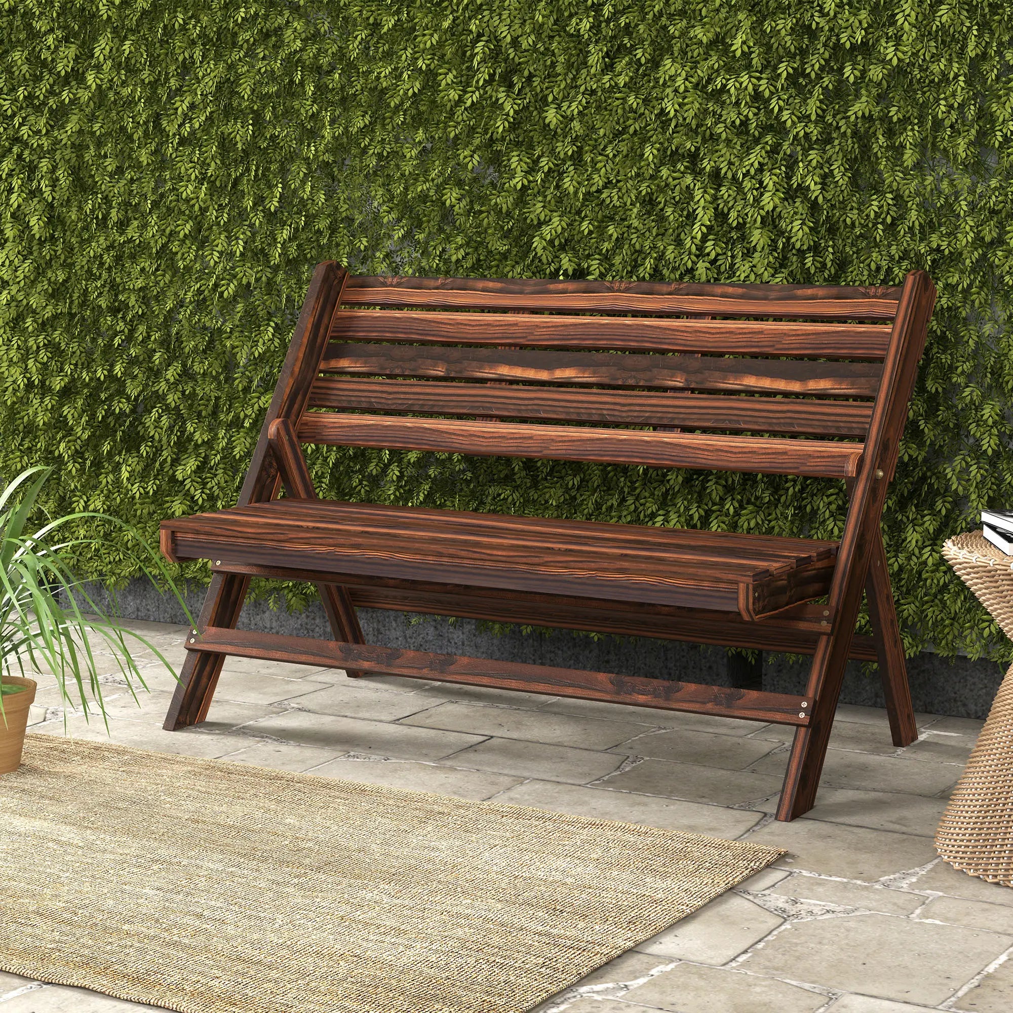 2-Seater Wooden Outdoor Bench, Foldable, Slatted Backrest, Carbonised Finish Outdoor Benches at Gallery Canada