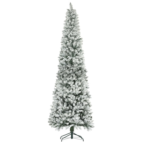 9ft Flocked Pencil Christmas Tree, 1277 Branch Tips, Metal Base