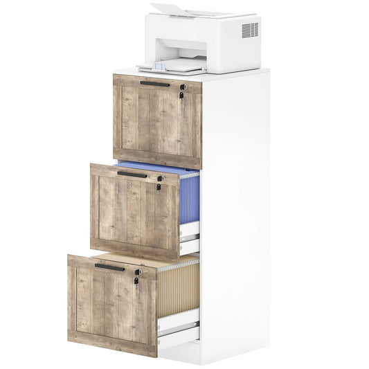 3 Drawer Filing Cabinet, Farmhouse Style, Adjustable Hanging Rails, A4 Letter Size, White Office Cabinets & Cupboards White, Brown Wood Grain at Gallery Canada