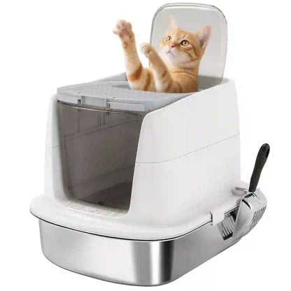 Large Stainless Steel Litter Box, Enclosed Metal Cat Litter Tray