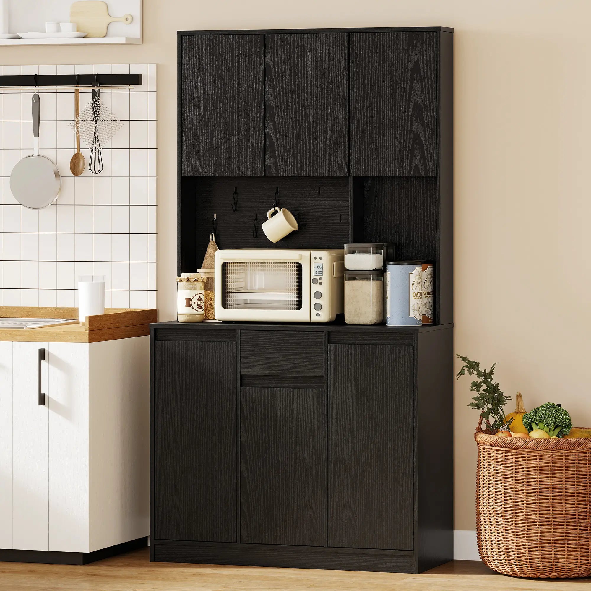 71 Inch Pantry Cabinet with Charging Station, Microwave Stand, Black Kitchen Pantry Cabinets at Gallery Canada
