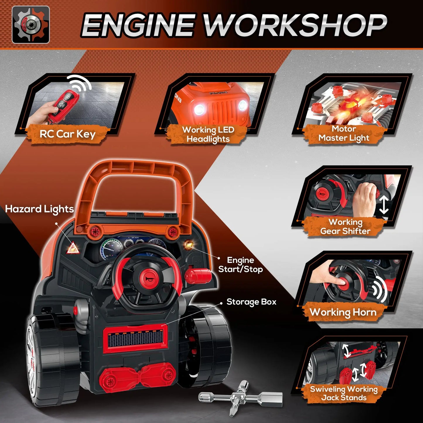 Kids Truck Engine Toys, Construction Educational Repair Car Tool Set with Light and Sound, Orange Workbench Toy Sets at Gallery Canada