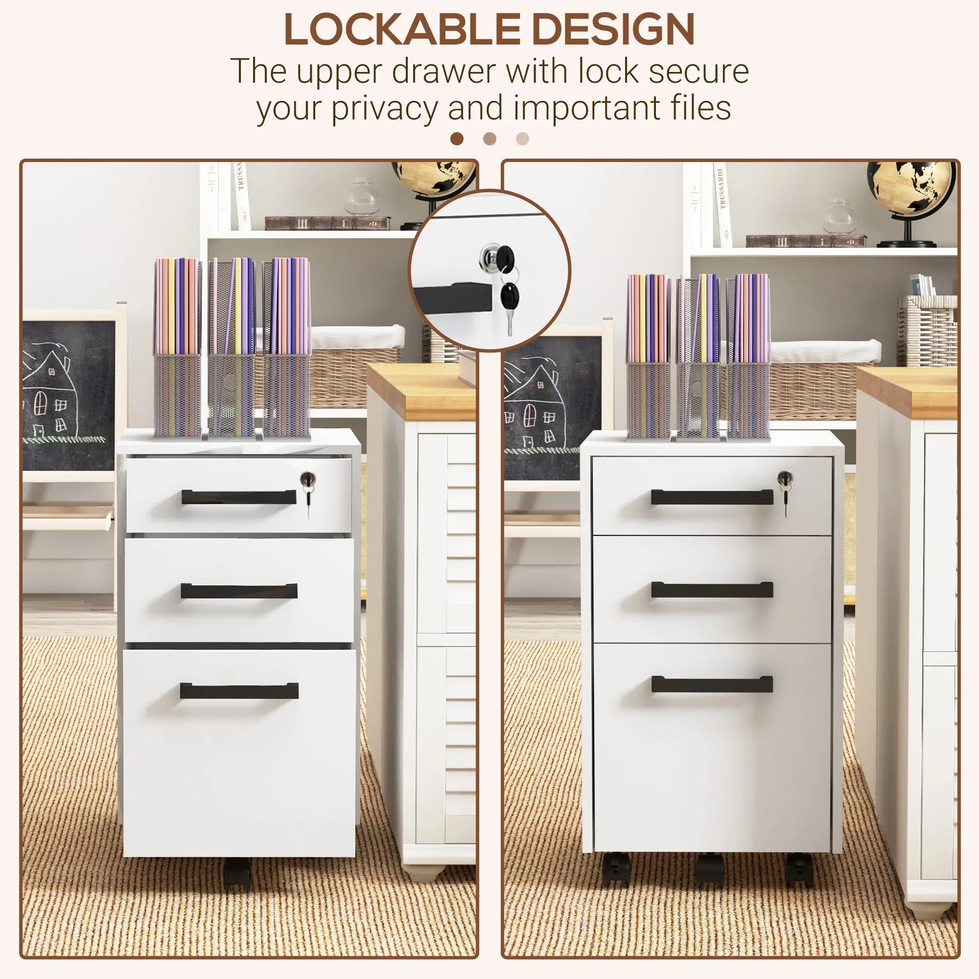 Lockable 3 Drawer File Cabinet, Hanging Bars, Letter A4 Size, White Office Cabinets & Cupboards at Gallery Canada