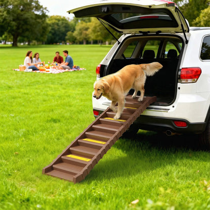 Foldable Dog Car Ramp, Anti-Slip Steps, Brown