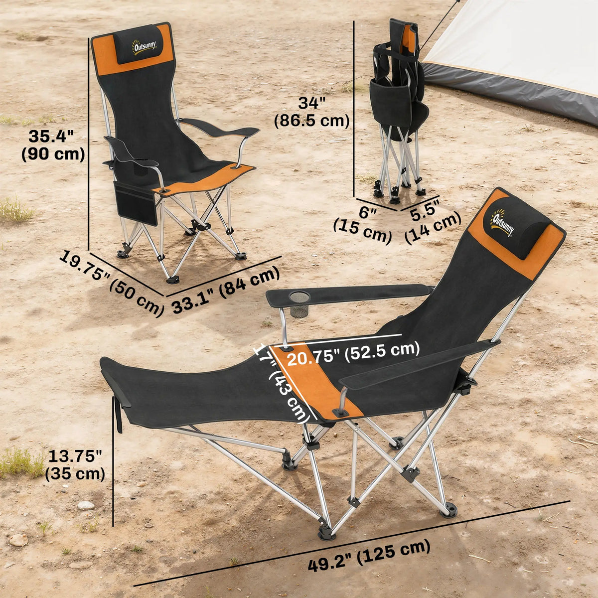Reclining Camping Chair Set With Foot Rest, Headrest, Cup Holder, Storage Bag, Orange