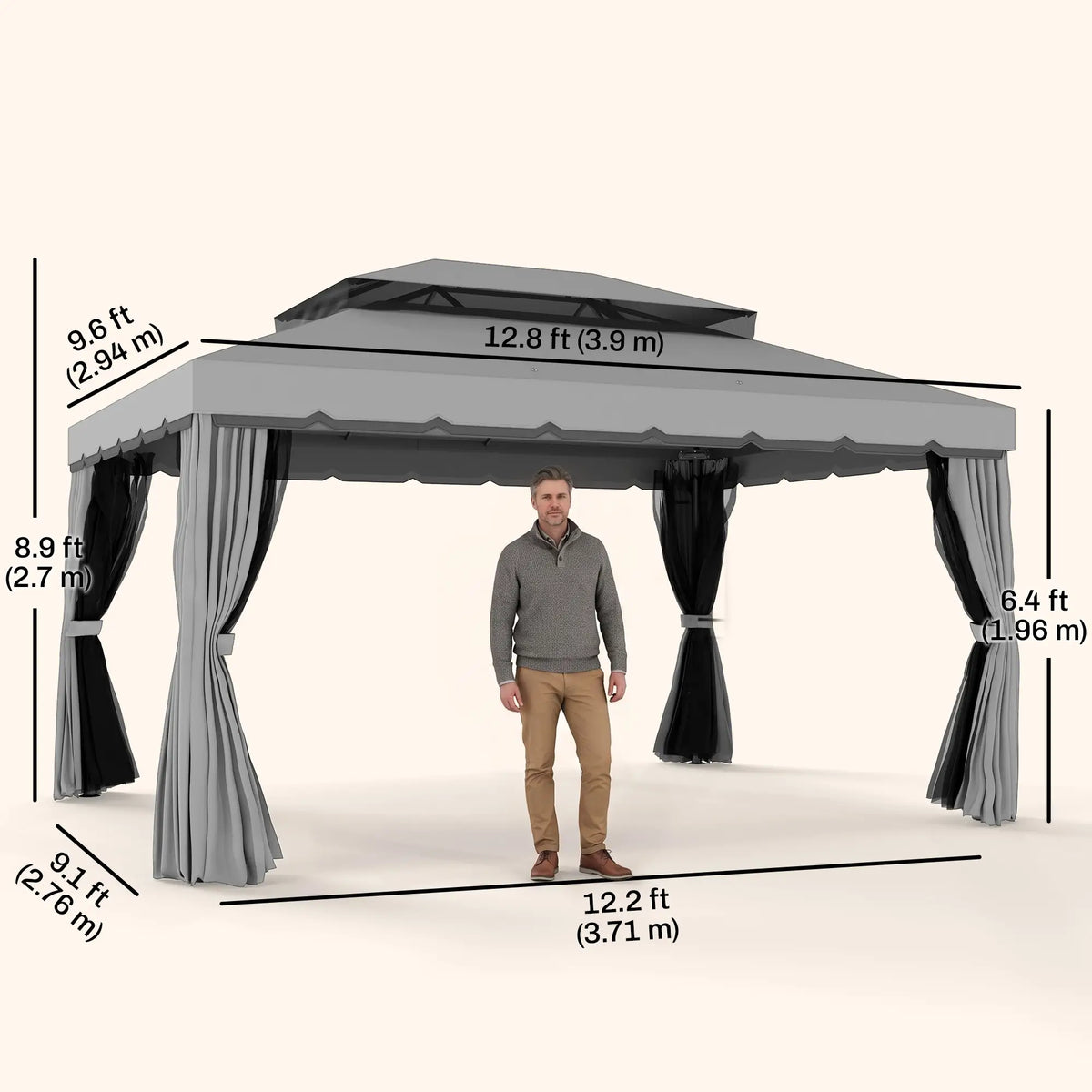 13' x 10' Gazebo, Polyester Roof, Mesh Sidewall, Aluminum Frame, Light Grey Gazebos at Gallery Canada