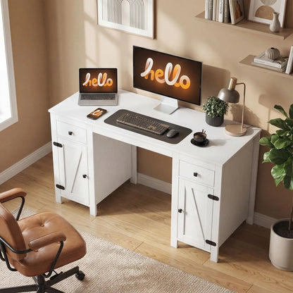 53" Farmhouse Executive Desk, White Wood Grain, Computer Desk With Drawers, White Writing Desks at Gallery Canada