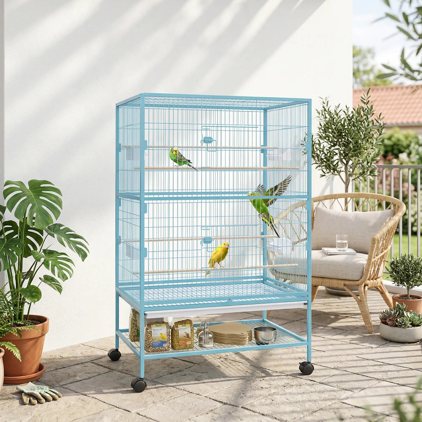 52'' Large Rolling Steel Bird Cage Bird House with Rolling Stand, Storage Shelf, Wood Perch, Food Container, Light Blue Bird Cages at Gallery Canada