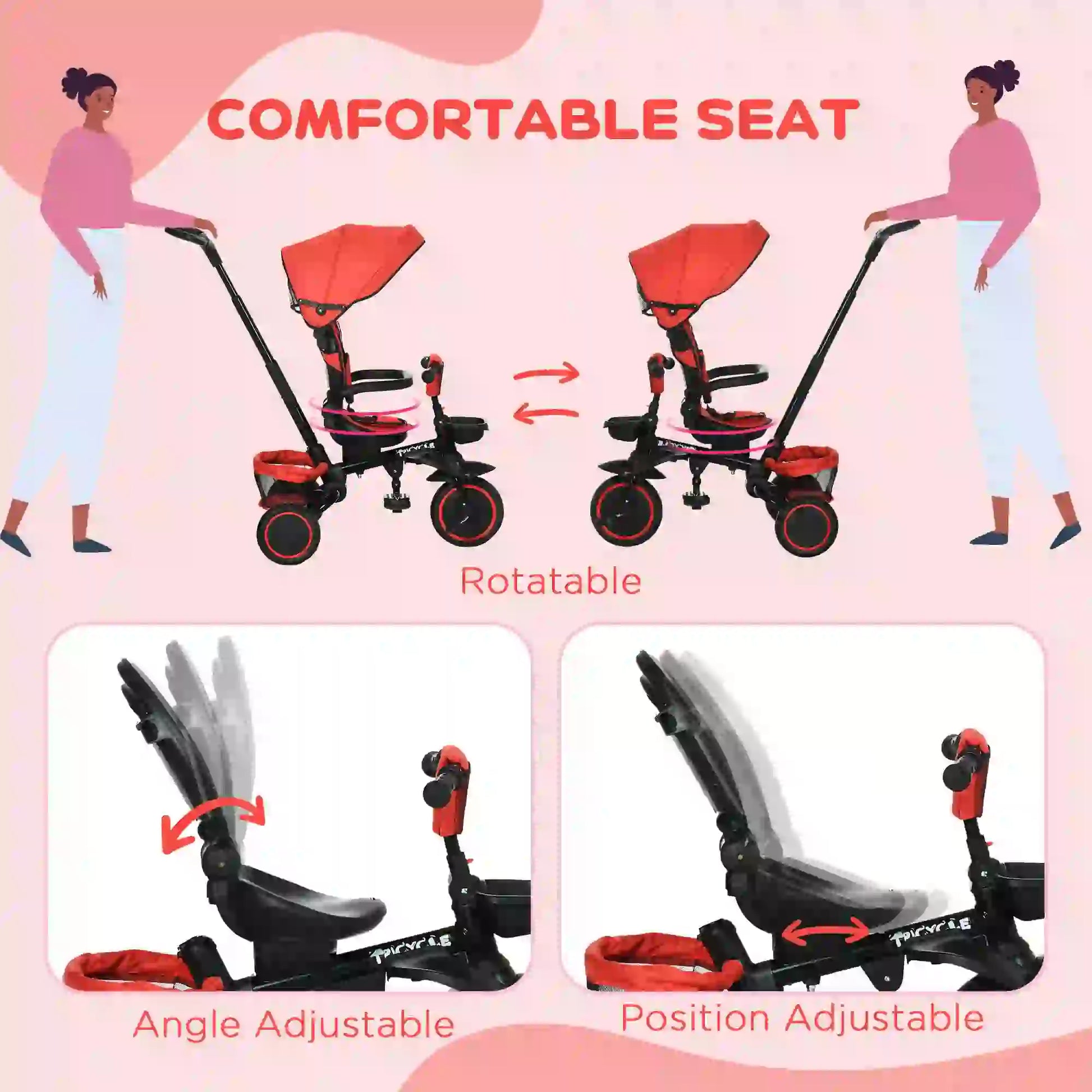 6-in-1 Toddler Tricycle, Foldable, Adjustable Seat, Push Handle, Red Tricycles for Kids at Gallery Canada