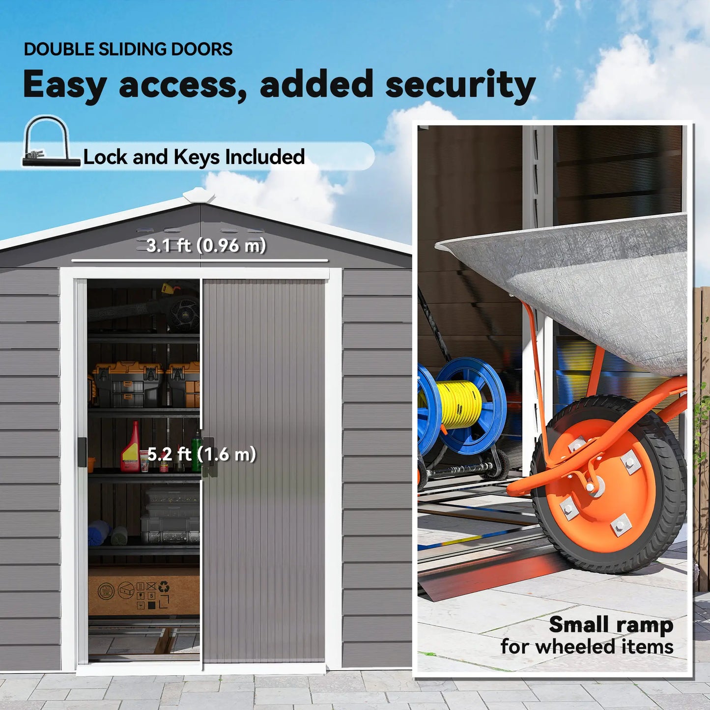 8' x 7' Outdoor Storage Shed, Galvanized Metal, Lockable Doors, Light Grey Sheds at Gallery Canada