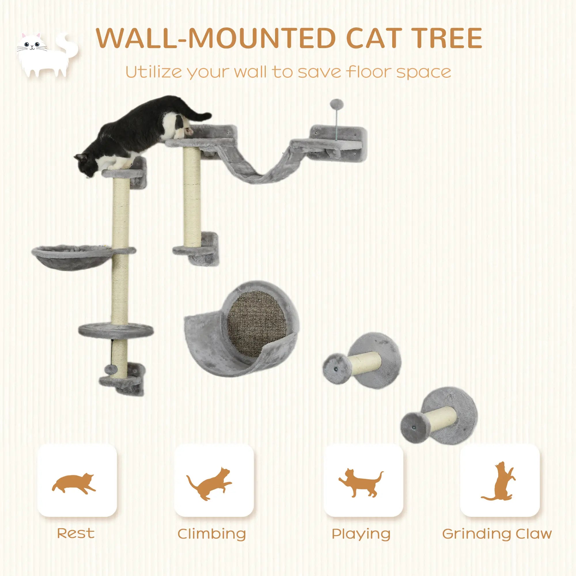 5PCs Cat Wall Shelves, Hammock, Scratching Posts, Perches, Ladder, Light Grey Cat Climbing Wall at Gallery Canada