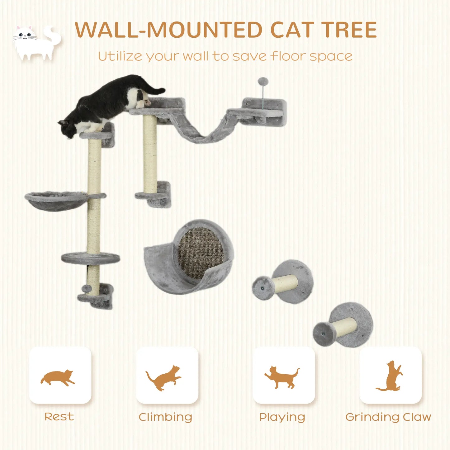 5PCs Cat Wall Shelves, Hammock, Scratching Posts, Perches, Ladder, Light Grey Cat Climbing Wall at Gallery Canada