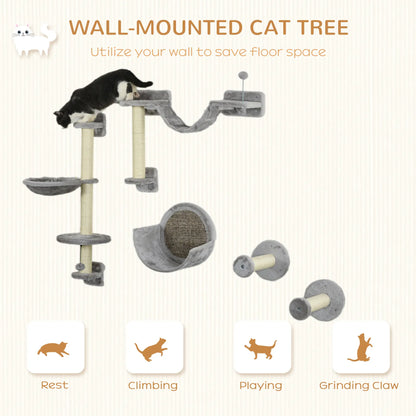 5PCs Cat Wall Shelves, Hammock, Scratching Posts, Perches, Ladder, Light Grey Cat Climbing Wall at Gallery Canada