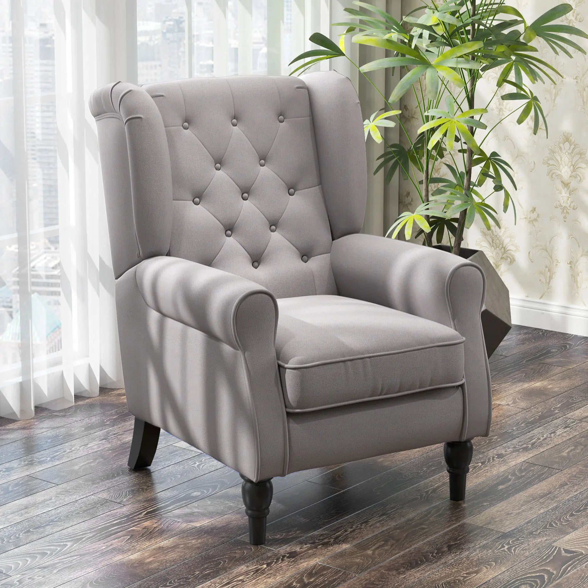 Fabric Accent Chair, Button Tufted Armchair, Modern Living Room, Wood Legs, Grey Accent Chairs at Gallery Canada