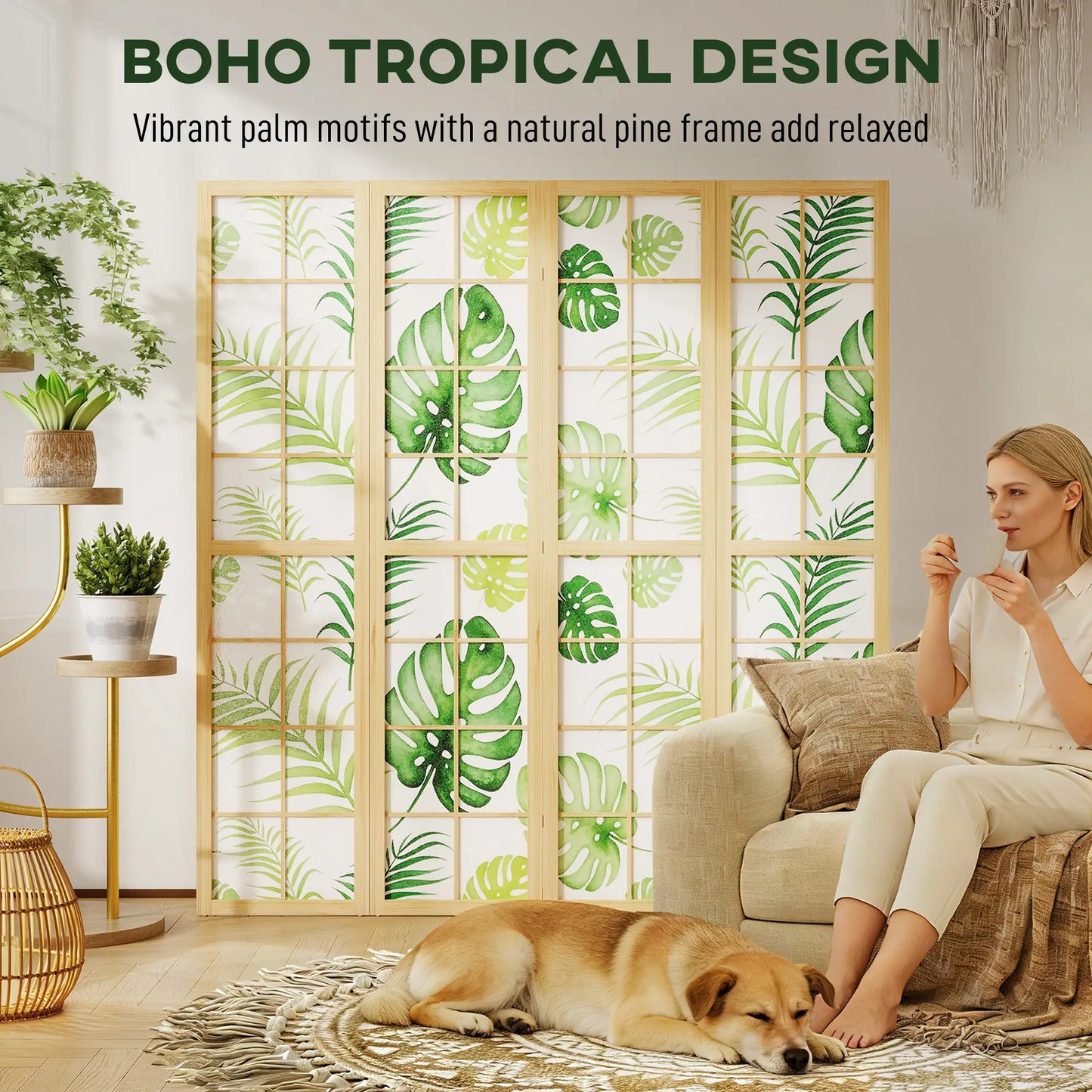 4 Panel Folding Privacy Screen, 67" Palm Leaf Design, Natural Green, Green
