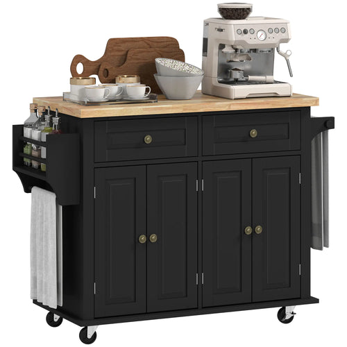 Kitchen Island with Storage, Rolling Trolley Cart with Rubber Wood Top, Spice Rack, Towel Rack, Black
