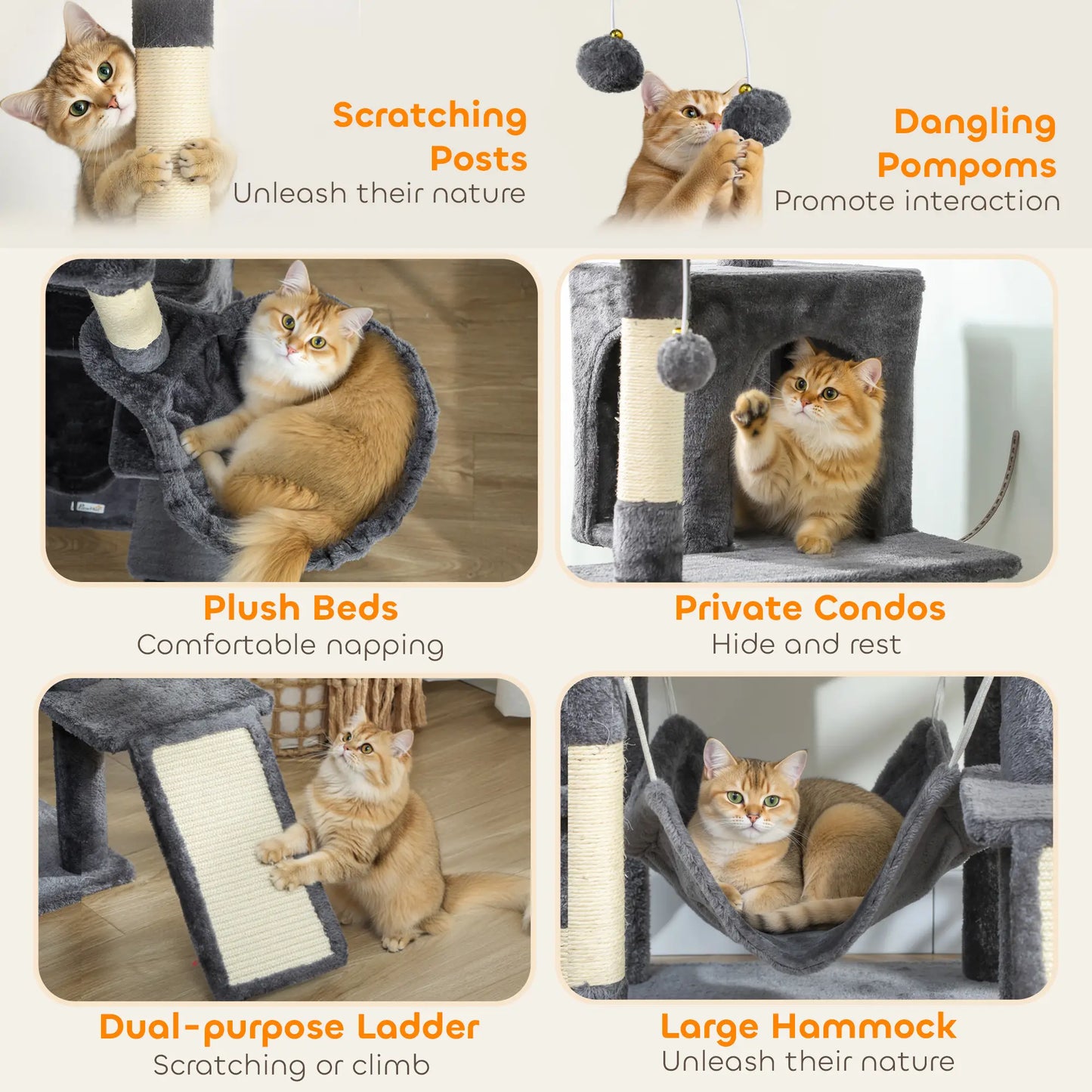 76" Large Cat Tree, 8 Scratching Posts, 3 Plush Beds, 2 Hammocks, Dark Grey Cat Towers at Gallery Canada