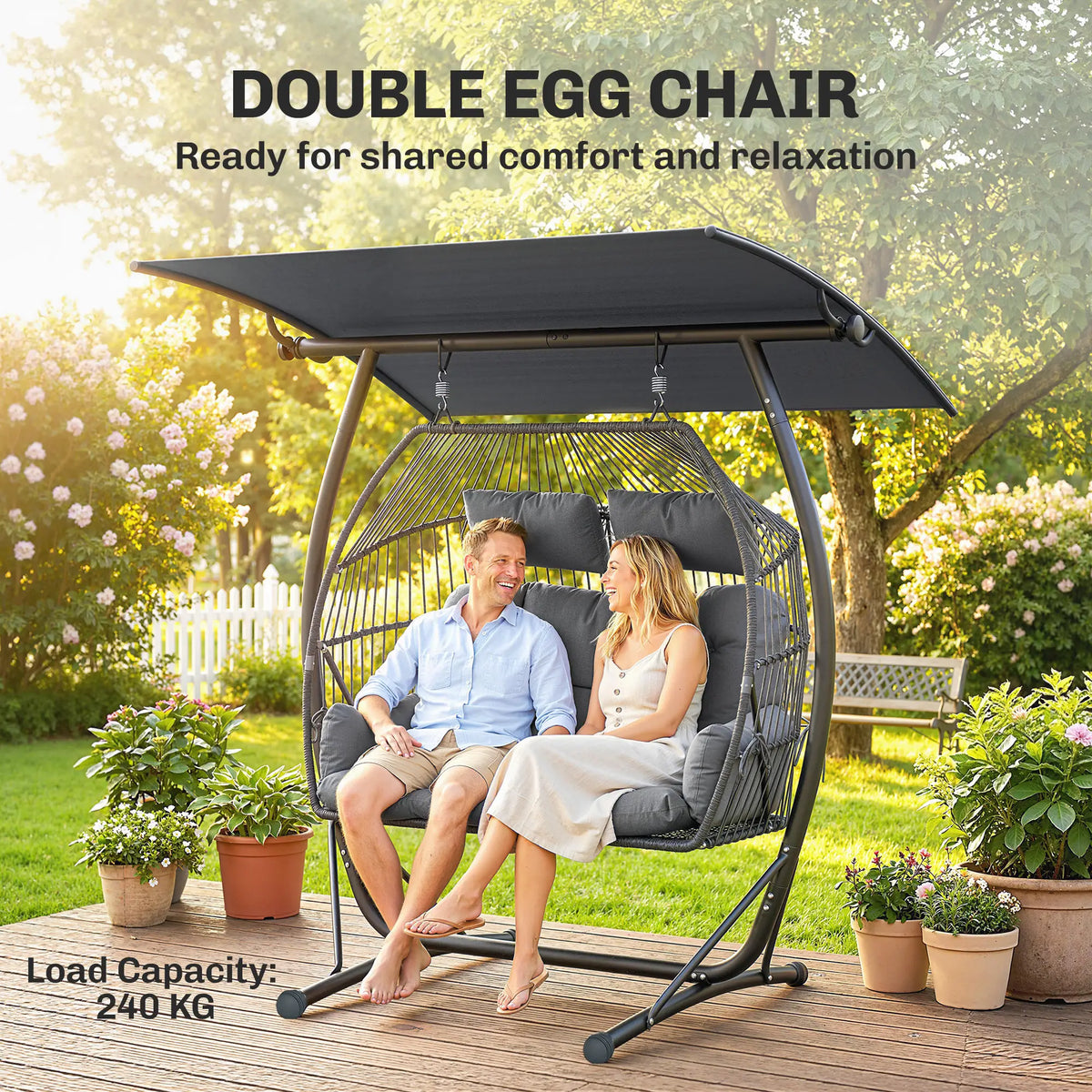 Hanging Double Egg Chair with Canopy, Cushion, Stand, Dark Grey