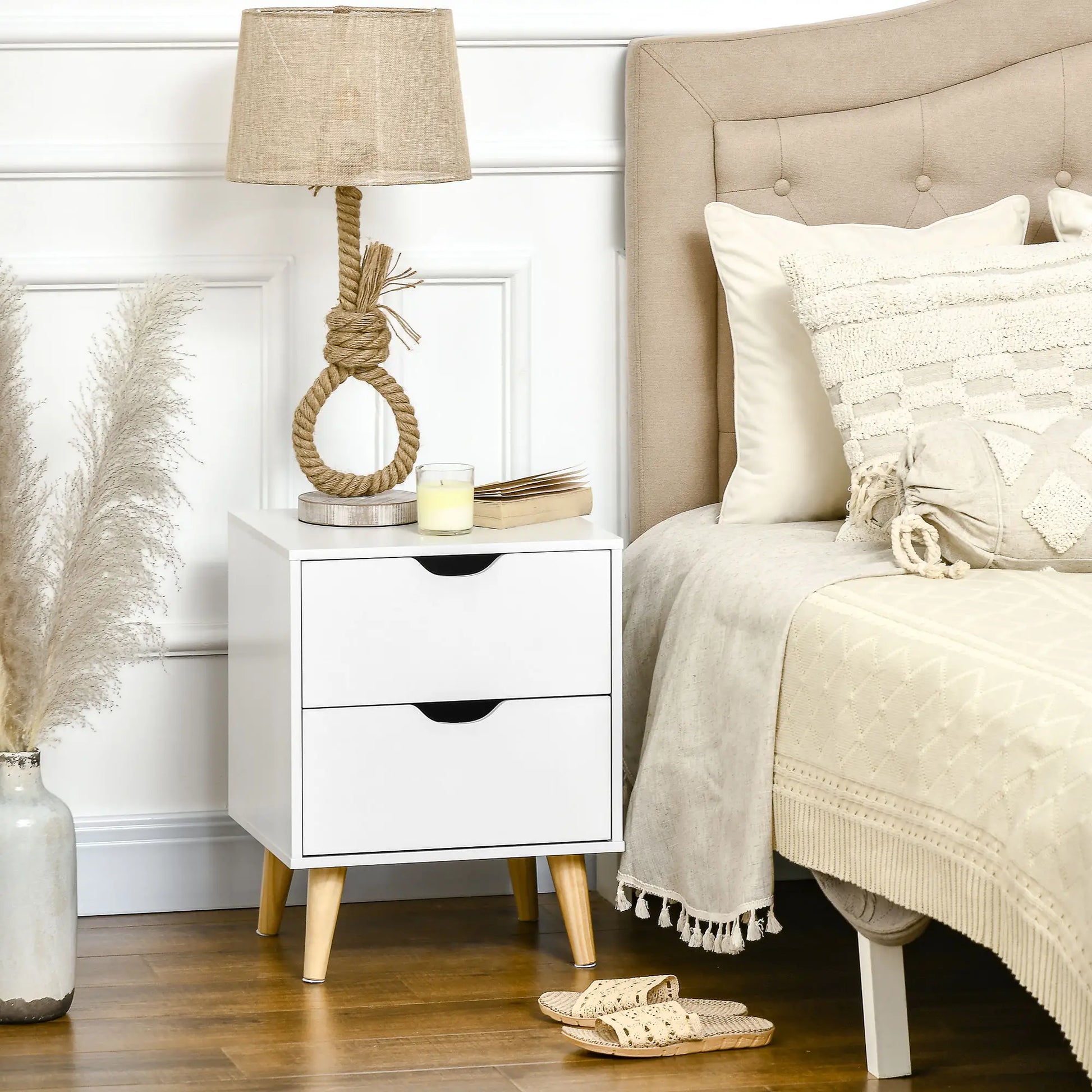 Modern Bedside Table, Nightstand with 2 Drawers, Pine Wood Legs, White Bedside Tables at Gallery Canada