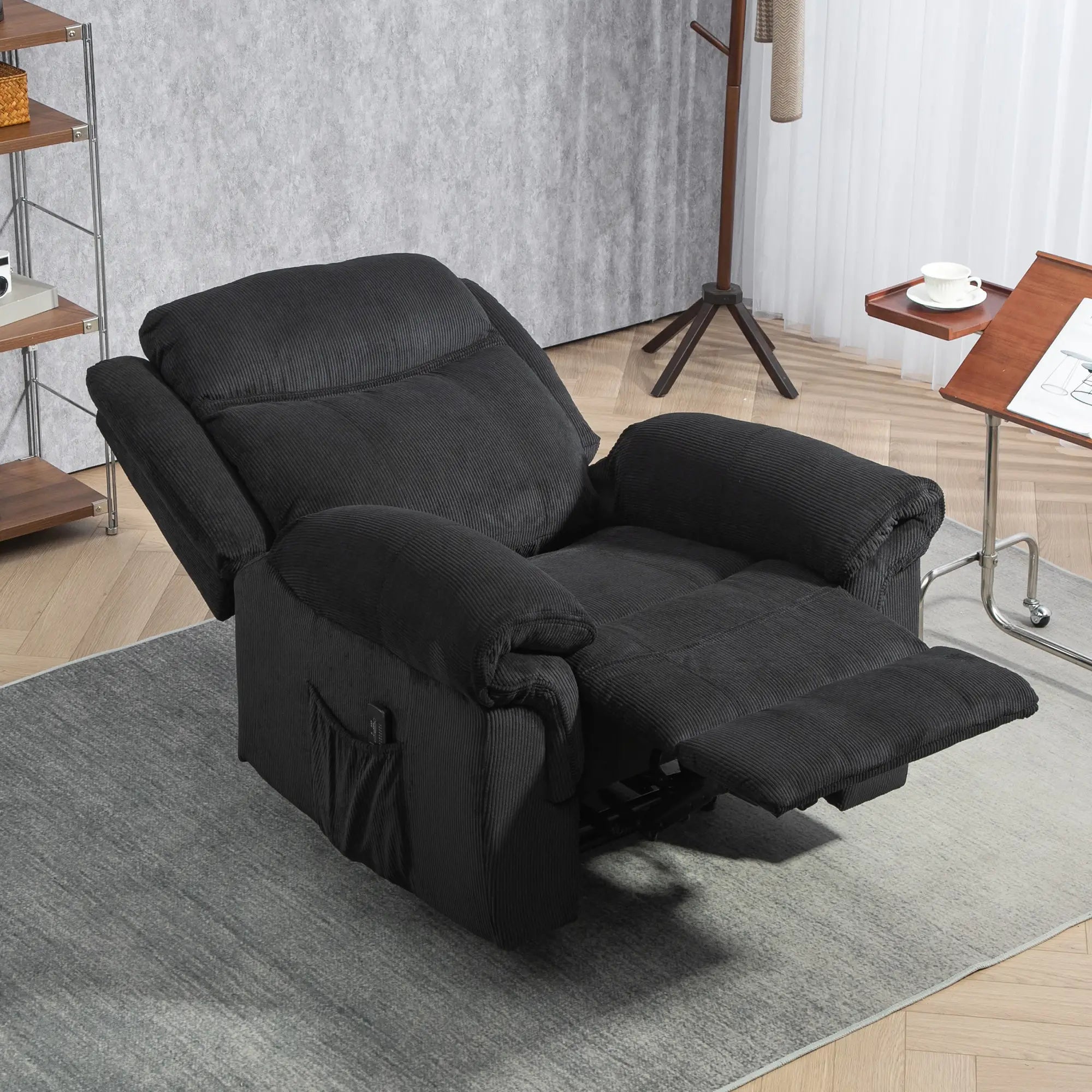 Manual Recliner Chair, Vibration Massage, Side Pockets, Corduroy, Black Sofas & Reclining Chairs at Gallery Canada
