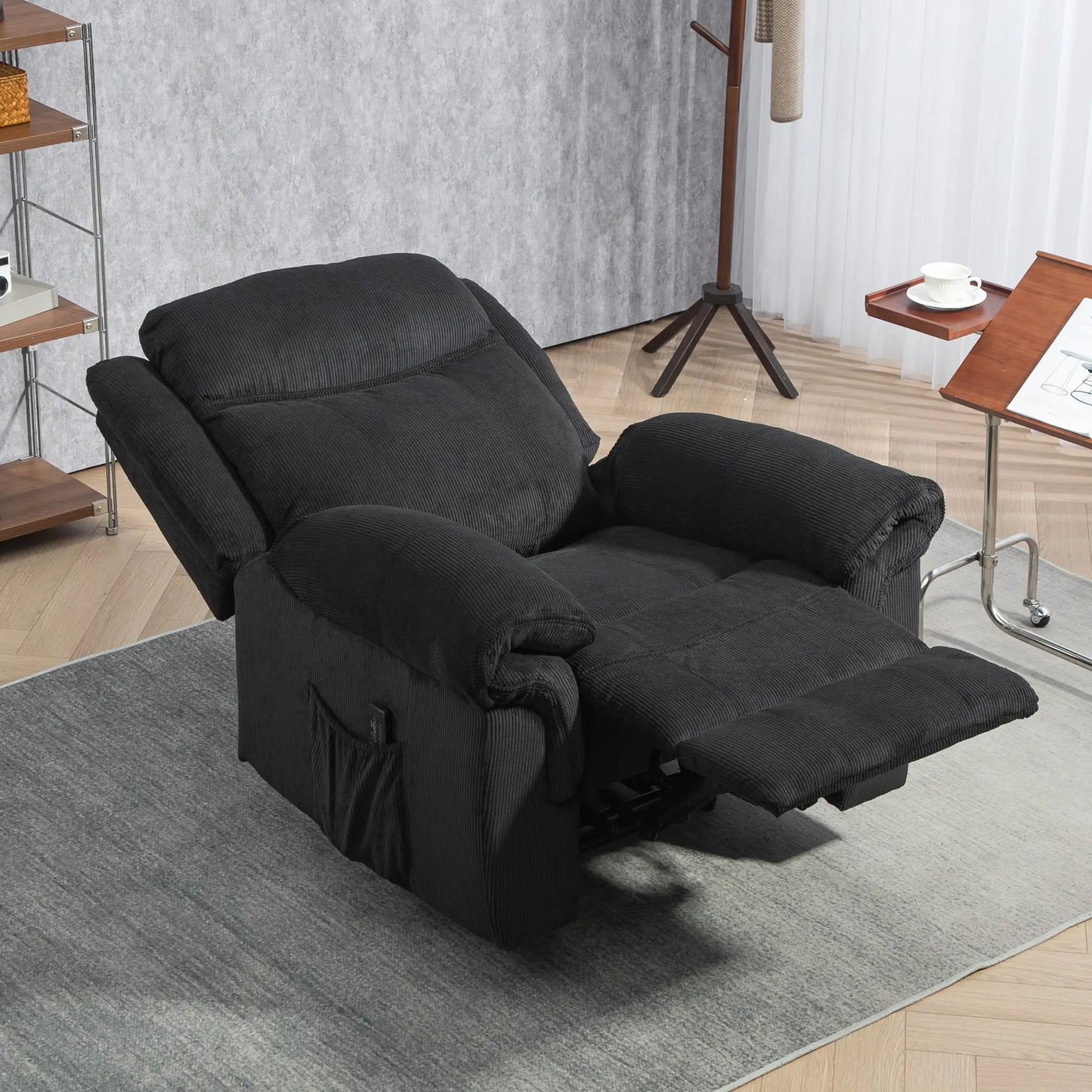 Manual Recliner Chair, Vibration Massage, Side Pockets, Corduroy, Black Sofas & Reclining Chairs at Gallery Canada