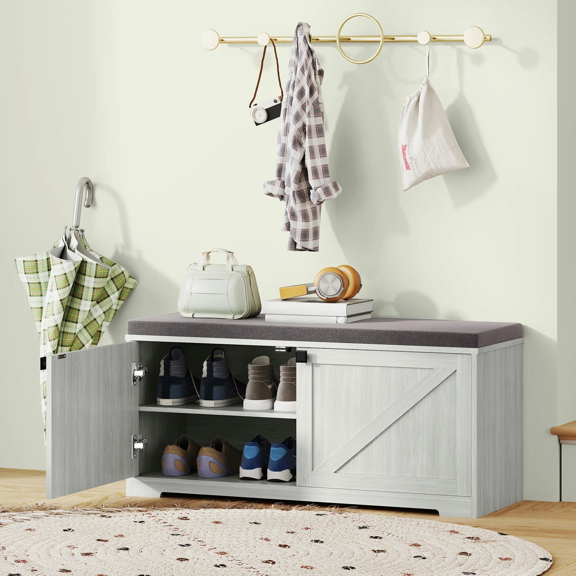 Shoe Storage Bench, Padded Seat, Holds 352 lb, 8 Pairs, Light Grey Shoe Storage Cabinets & Racks at Gallery Canada