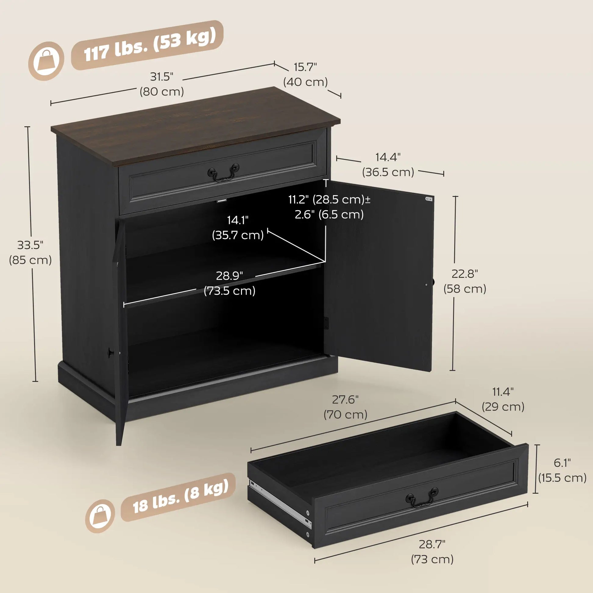 32" Buffet Cabinet, Black Wood Grain, Farmhouse Sideboard, Black Bar Cabinets at Gallery Canada