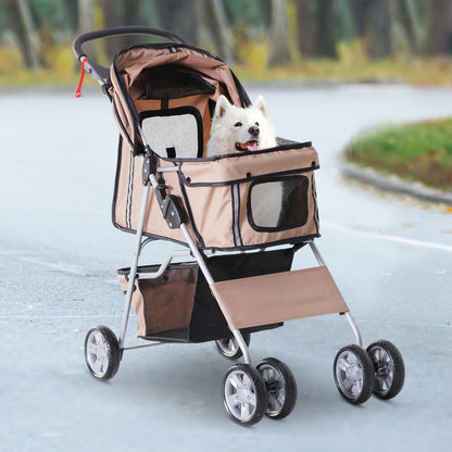 4 Wheel Dog Pet Stroller Dog Cat Carrier Folding Sunshade Canopy with Brake, Brown at Gallery Canada