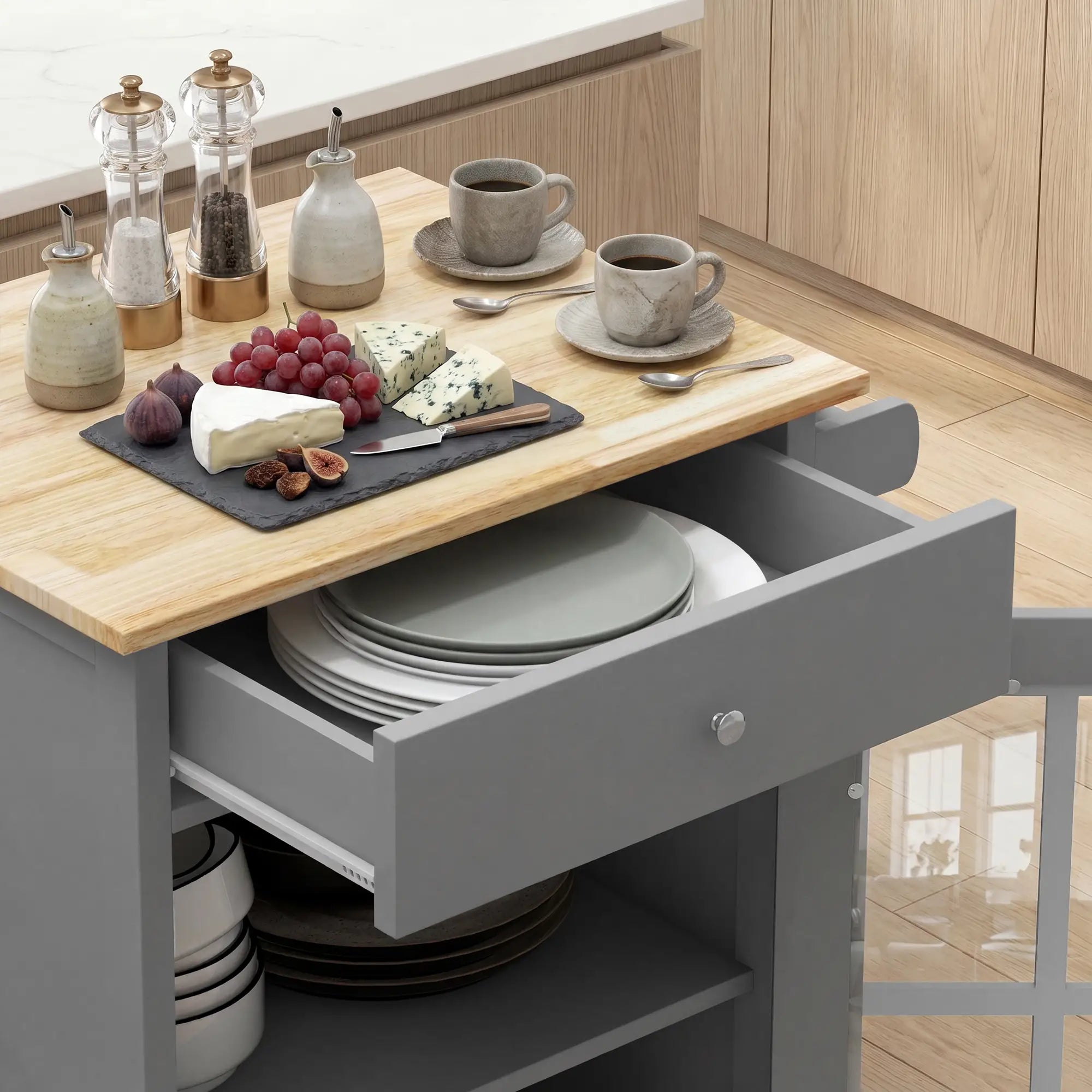 Rolling Kitchen Cart with Drawer and Glass Door Cabinet, Kitchen Island on Wheels with Towel Rack, Dark Grey Kitchen Islands & Kitchen Carts at Gallery Canada