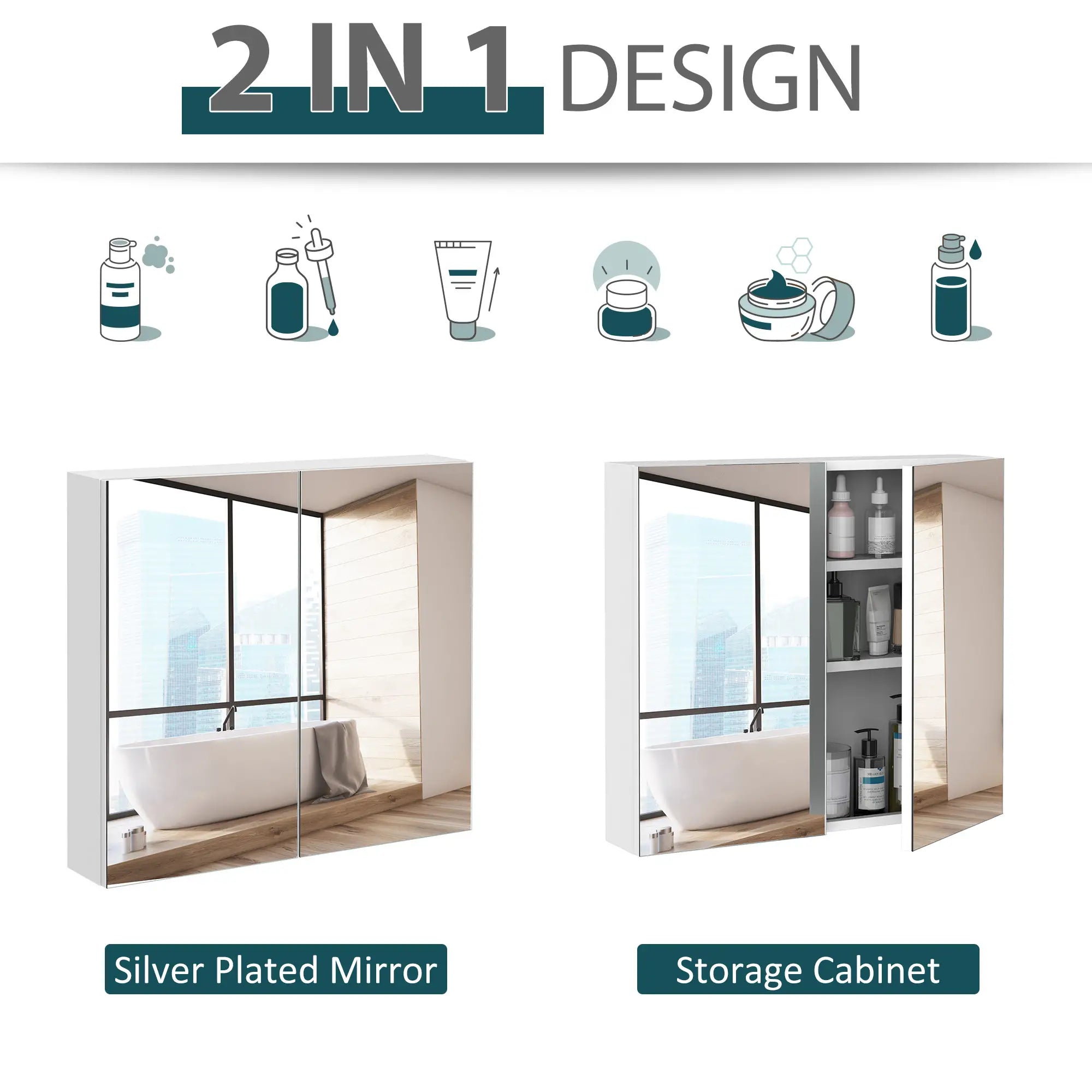 Wall Mounted Mirror Cabinet, Bathroom Medicine, 2 Doors, 3-Tier Shelving, White Mirror Medicine Cabinets at Gallery Canada