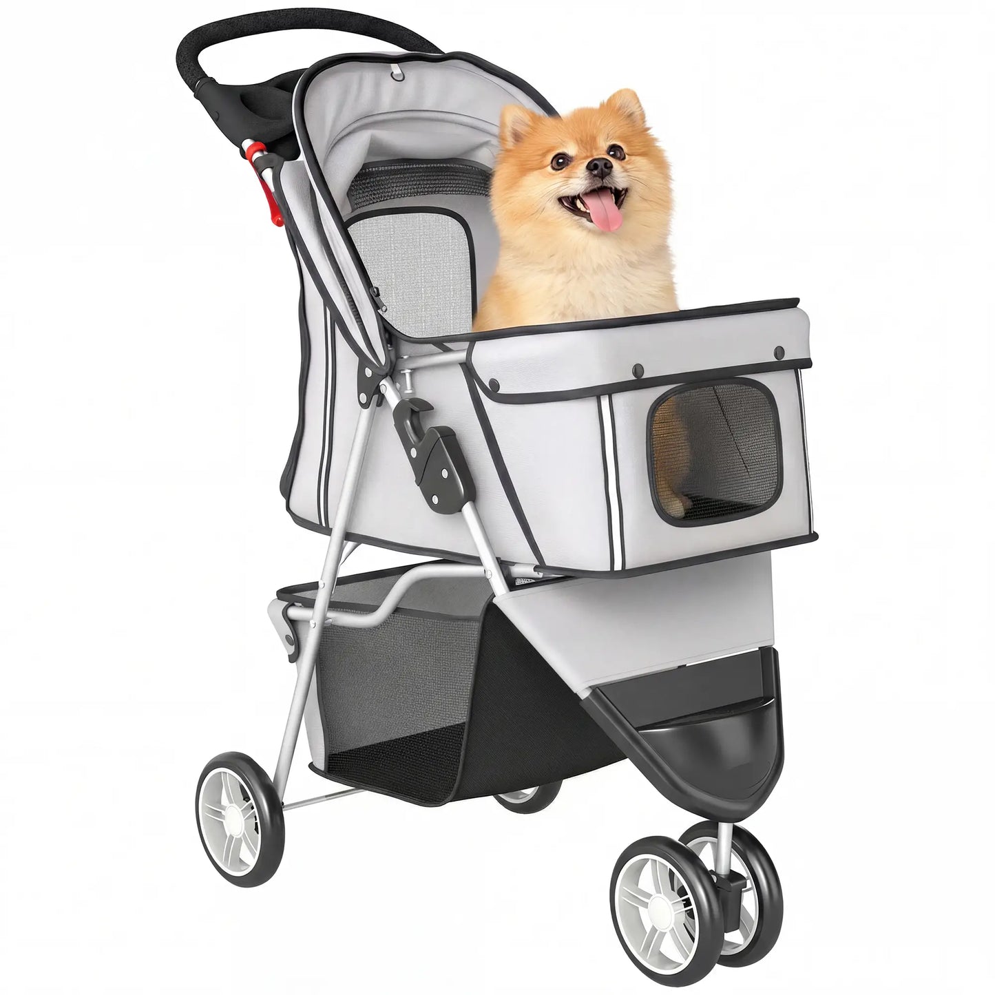 Foldable Dog Stroller, 3 Wheels, Storage Basket, Adjustable Canopy, Grey Dog Bike Trailers & Strollers at Gallery Canada