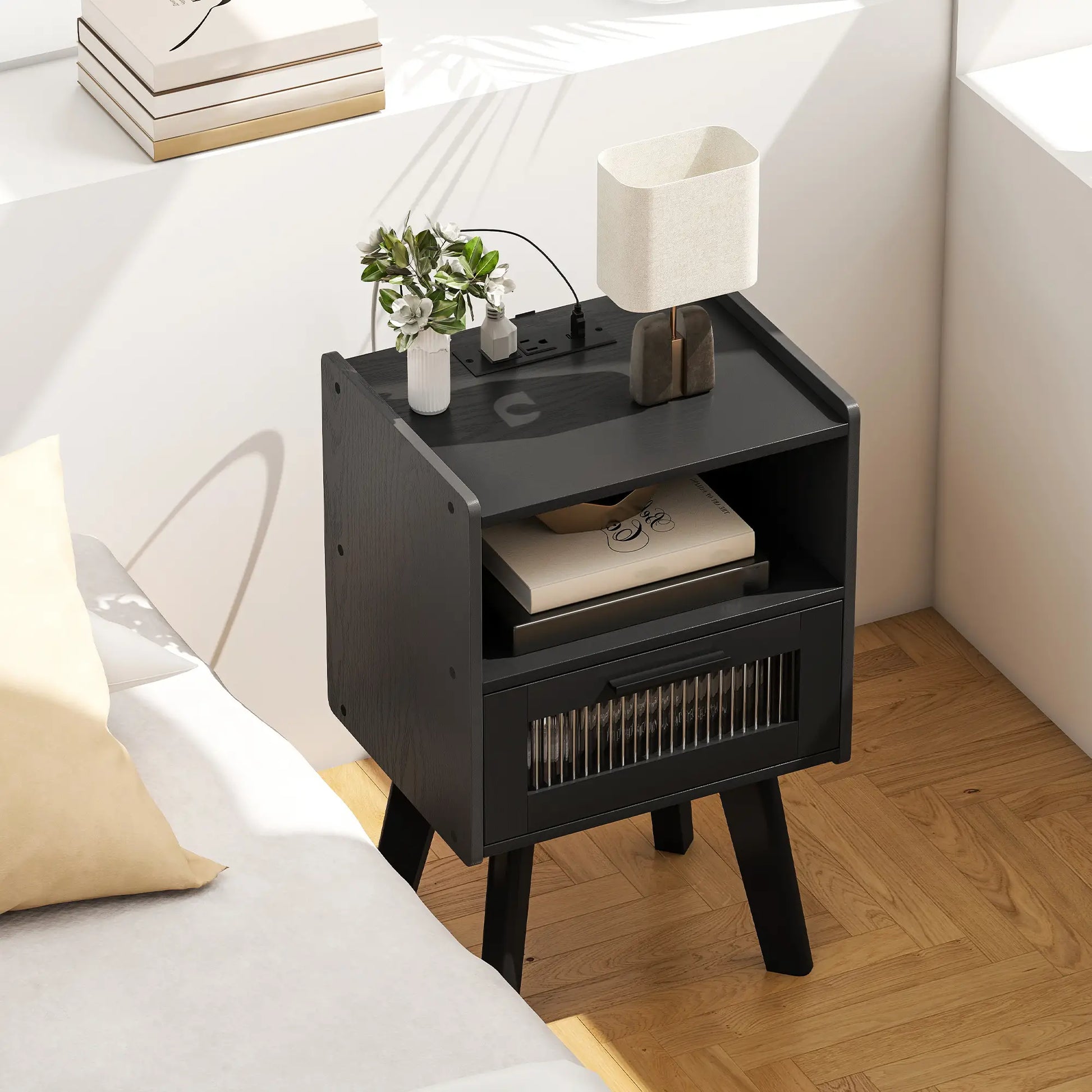 Modern Nightstands Set of 2, Charging Station, Storage, Glass Door, Black Side Tables at Gallery Canada