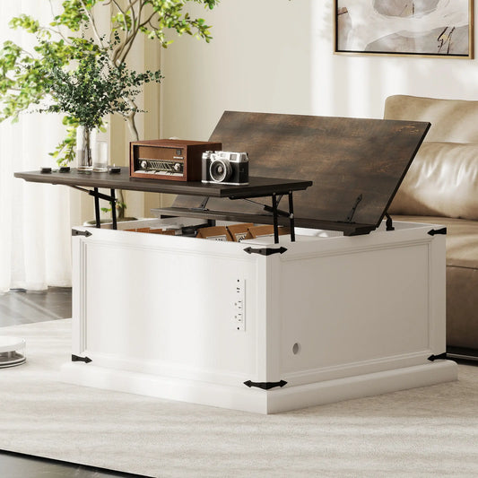 Lift Top Coffee Table, Square Farmhouse Center Table, White Wood Grain, White