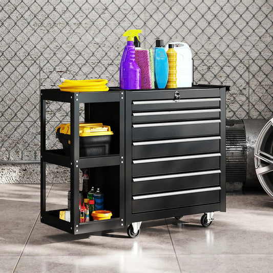 Coffre à outils roulant 7 tiroirs, armoire verrouillable, noir