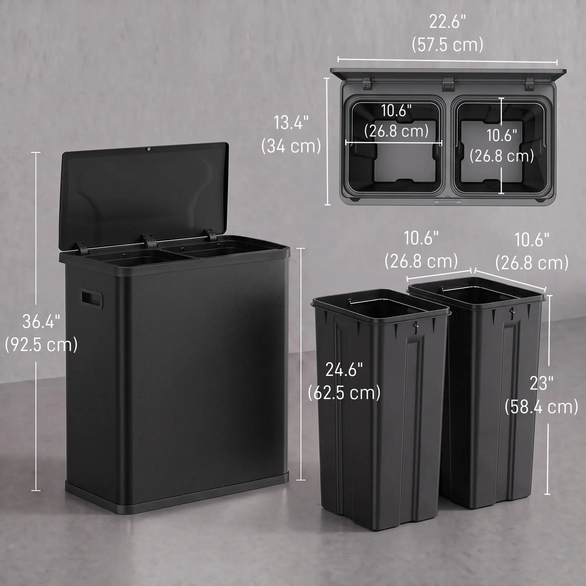 60L Touchless Trash Can, Dual Compartment, Stainless Steel, Black