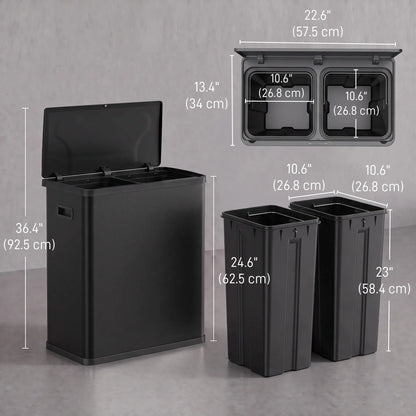 60L Touchless Trash Can, Dual Compartment, Stainless Steel, Black