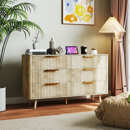 Fluted Chest of Drawers, 6 Drawer Dresser with Pine Wood Legs, Oak Storage Cabinets at Gallery Canada