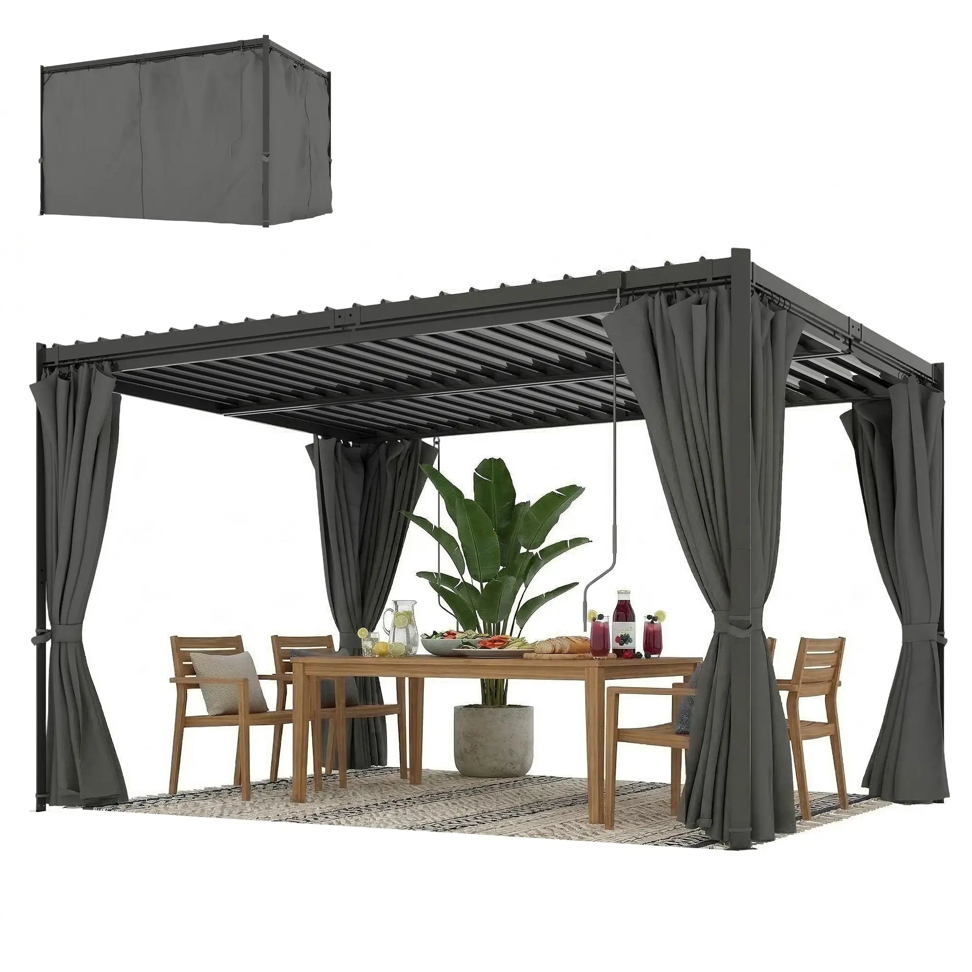 10 x 13 Ft Louvered Pergola With Steel Roof, Curtains, Grey Pergolas Grey at Gallery Canada