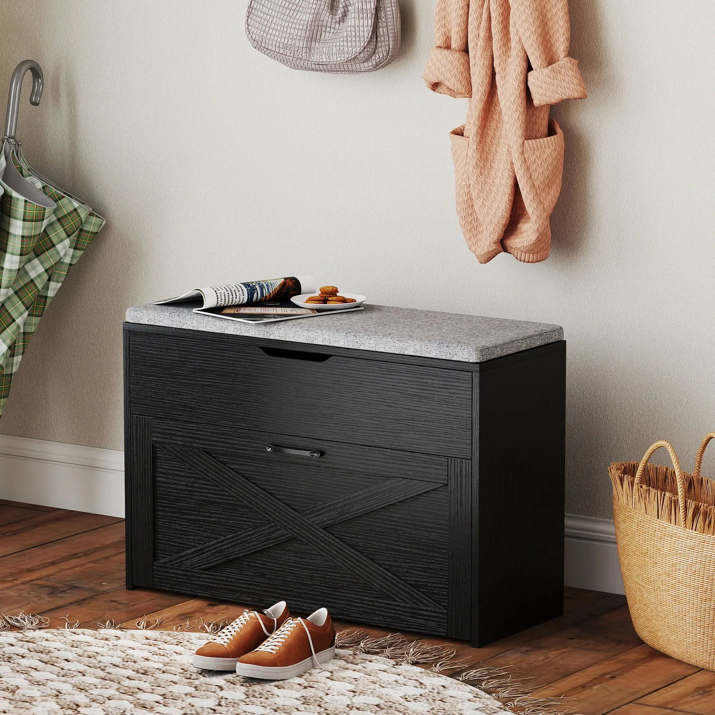 Shoe Storage Bench with Flip Drawer, Lift Top, Seat Cushion, Black Shoe Storage Cabinets & Racks at Gallery Canada