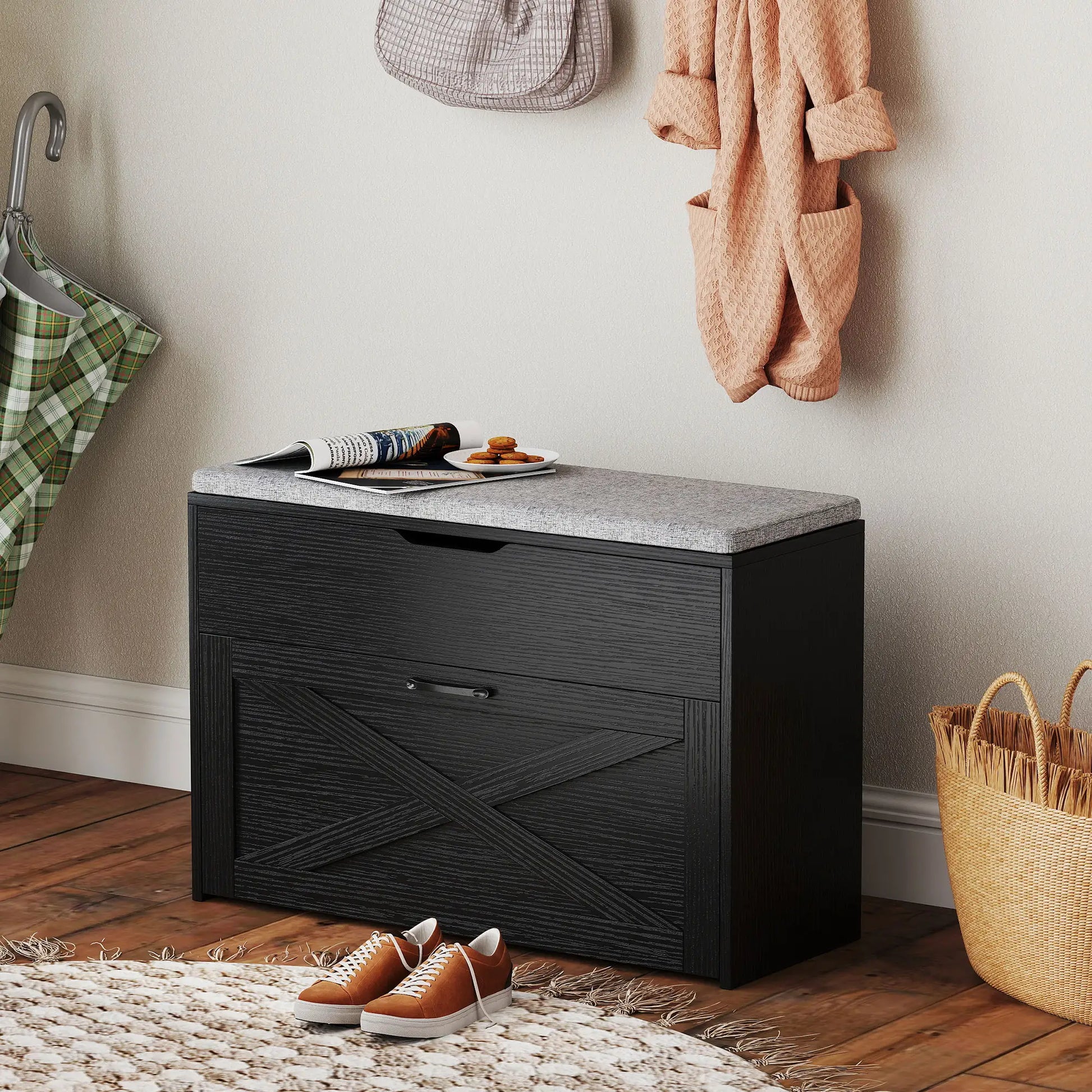 Shoe Storage Bench with Flip Drawer, Lift Top, Seat Cushion, Black Shoe Storage Cabinets & Racks at Gallery Canada