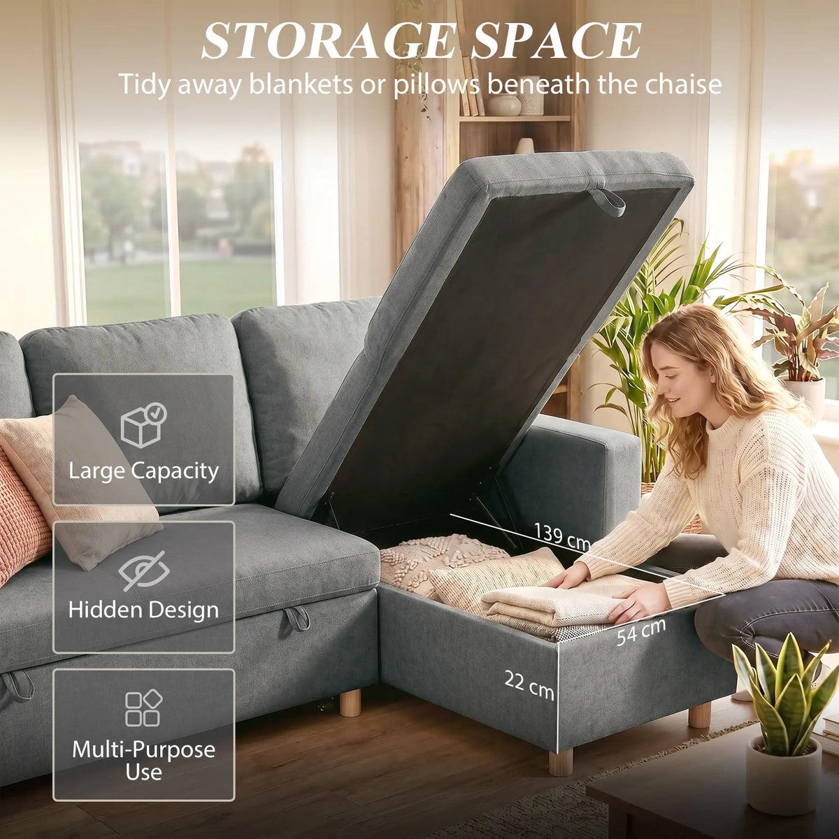 83" Sofa Bed, L Shaped Sectional with Storage Chaise, Light Grey Sofas & Reclining Chairs at Gallery Canada