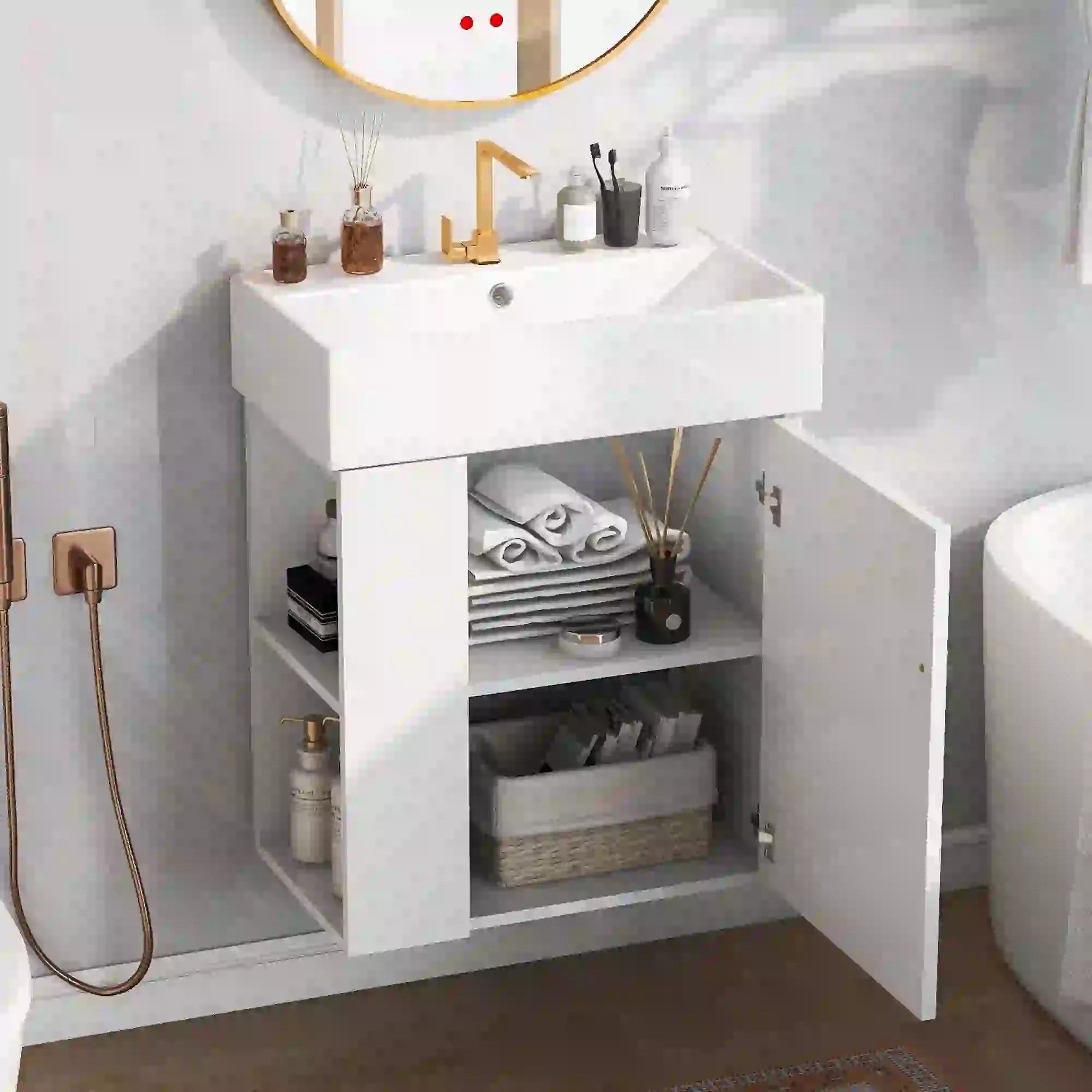 Floating Bathroom Vanity, Ceramic Basin, Side Storage, Rose Gold Handle, 21.5